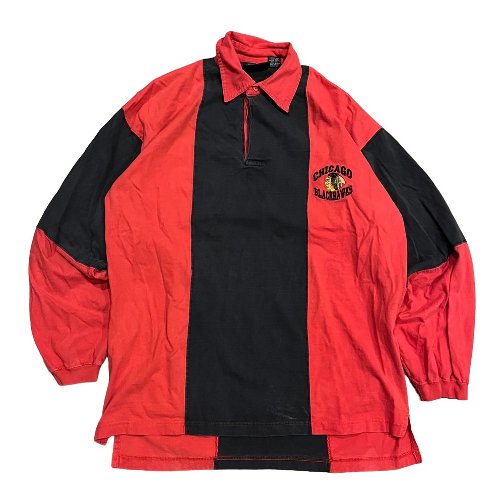 Vintage 90s Chicago Blackhawks Rugby Shirt Sz Large Striped Red Black NHL Active